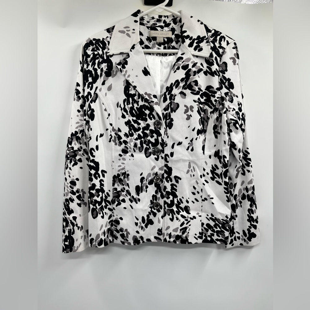 Laura Ashley White Black Leopard Animal Print Button Front Blazer Size S
